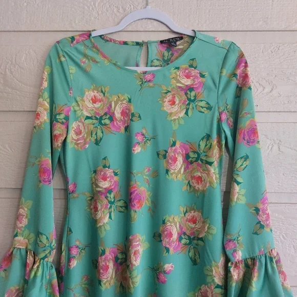 J. Crew Bell Long Sleeve Floral Green Winter Garden Shift Dress- size 0